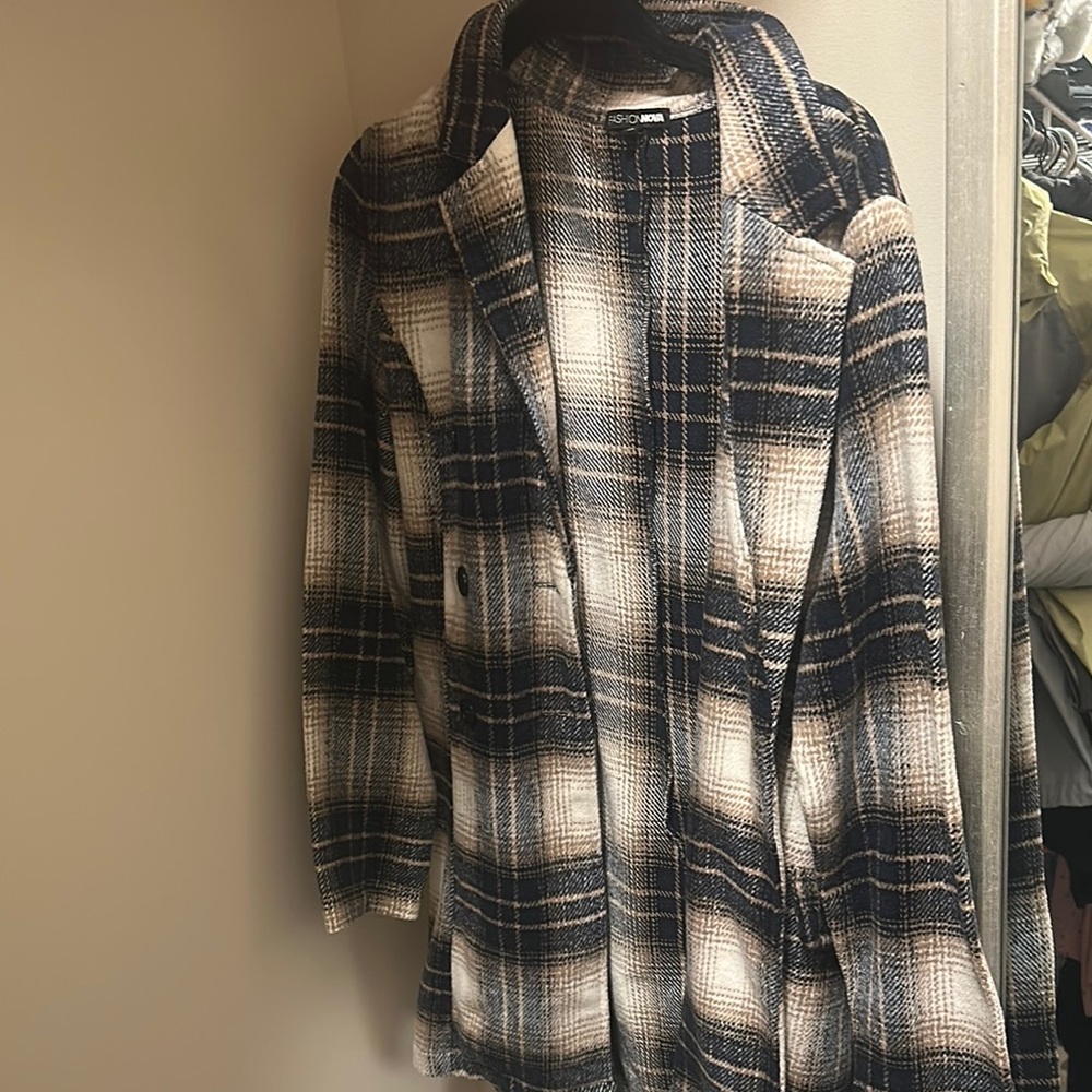 Fashion Nova Plaid Trench Coat - Blue and Cream